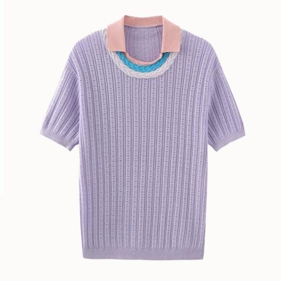 Saylient Organic Cotton Short Sleeve Sweater Rainbow Neckline Small - Picture 1 of 6